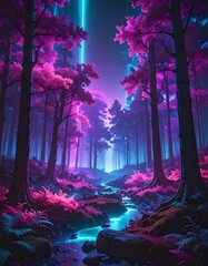 Fototapeta premium Vibrant neon forest with glowing stream.
