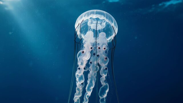 Graceful translucent jellyfish slowly drifting in deep blue ocean water with light rays from above, mystical aquatic life, symbolizing mystery, the unknown