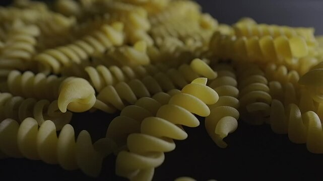 50p macro slider shot moving across uncooked Italian fusilli pasta.