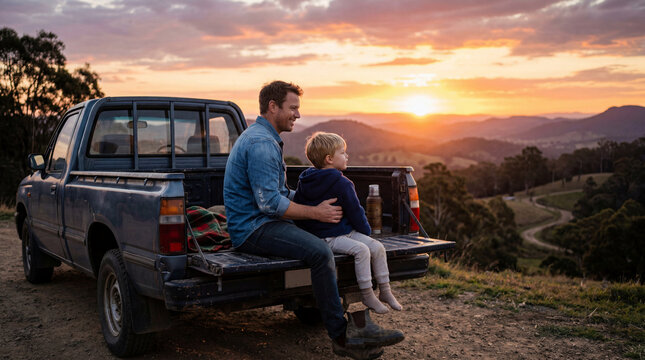 Father and young son sitting on the tailgate of a blue pickup truck watching a beautiful golden sunset over a scenic mountain landscape in the countryside, bonding and enjoying a peaceful moment.