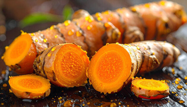 Fresh Turmeric Root Rhizome on Wooden Background, Indonesian Herbal Spice Ingredient, AI Generated Photo