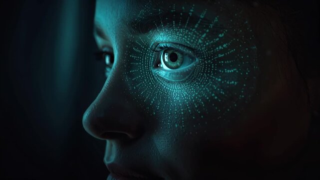 Futuristic woman face with glowing biometric scan around eye in teal light, thoughtful portrait
