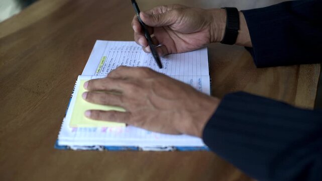 Asian business man take a break before continue writing a book while play turning a pen by finger close up static tripod shot