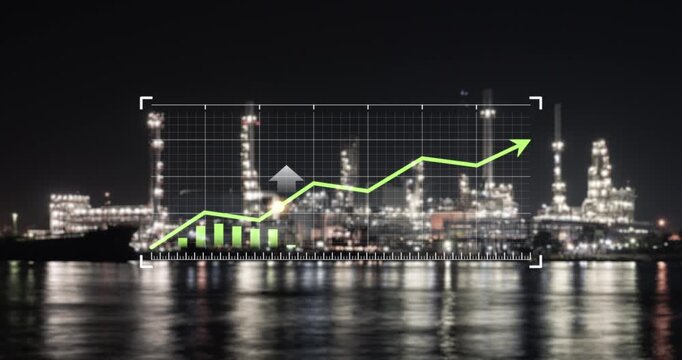 Industrial refinery complex in Bangkok, Thailand at night, digital grid overlays and vibrant green upward-trending graph. Represents refinery business profit growth and rising oil and gas prices.