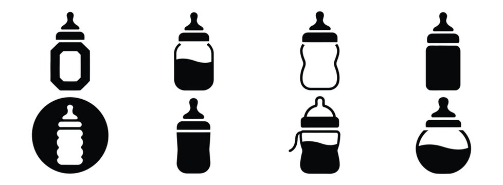 Baby Bottle icon set, silhouette and outline feeding bottle symbols for childcare, infant nutrition, newborn care products, parenting and nursery vector illustration.