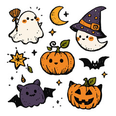Naklejka premium ハロウィンの可愛い手描き風イラスト素材セット