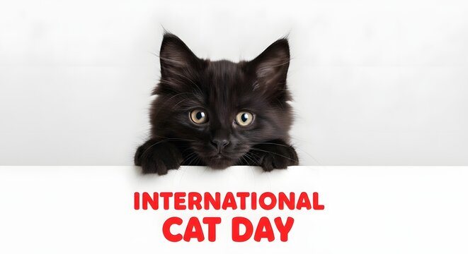 Cute fluffy black kitten peeking over a white edge with international cat day text isolated on white background
