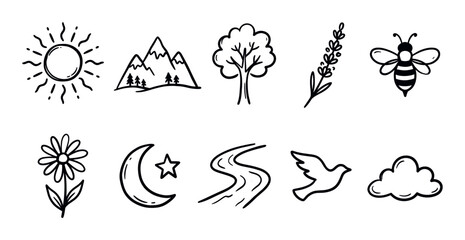 Fototapeta premium Various hand-drawn nature icons, including sun, mountains, tree, lavender, bee, flower, moon, river, bird, and cloud, on a clean white background