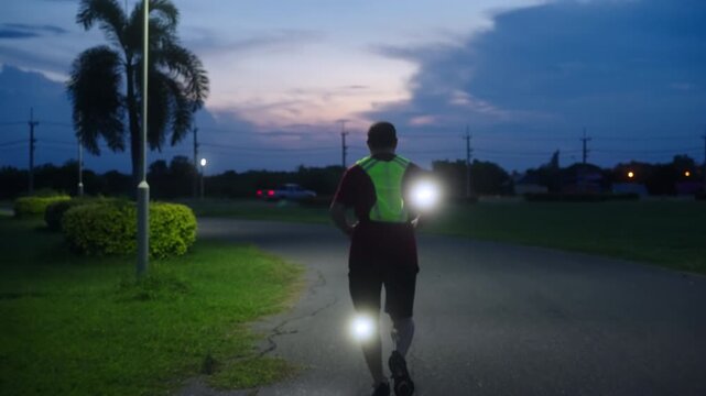 Middle-aged Asian man jogging safely at twilight with reflective gear and LED arm light