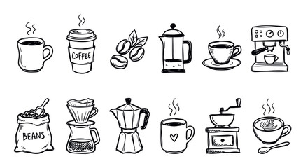 Fototapeta premium Collection of hand-drawn black and white coffee icons, including cups, beans, and brewing equipment, arranged neatly on a clean white background