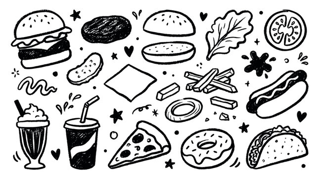 Hand-drawn black and white fast food doodle icons create a playful, energetic pattern on a clean white background