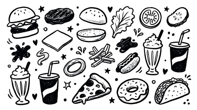 Various hand-drawn black and white fast food items and ingredients are scattered across a clean white background, creating a playful doodle pattern