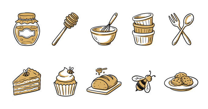 Various hand-drawn baking and honey-related items, including a honey jar, dipper, mixing bowl, cupcake molds, utensils, cake, cupcake, bread, bee, and cookies, presented as a charming