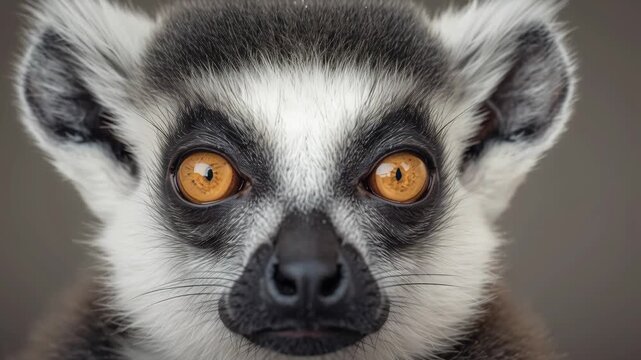 Ring tailed lemur primate close up portrait amber eye fur detailed texture expressive face curious