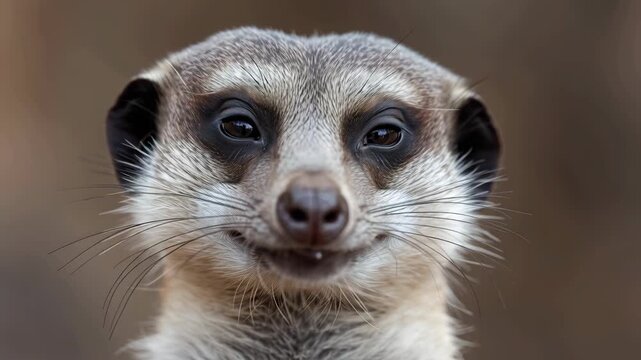 Curious meerkat animal mammal portrait close up face with attentive expression soft brown background