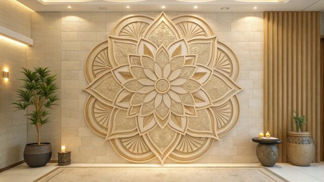 Intricate carved mandala wall art in a modern interior design