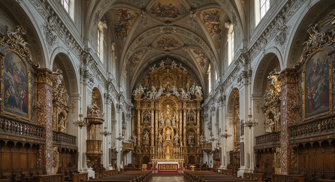 The ornate interior of a historic church with vaulted ceilings and intricate stonework showcases altar, statues, columns, paintings, and arches.