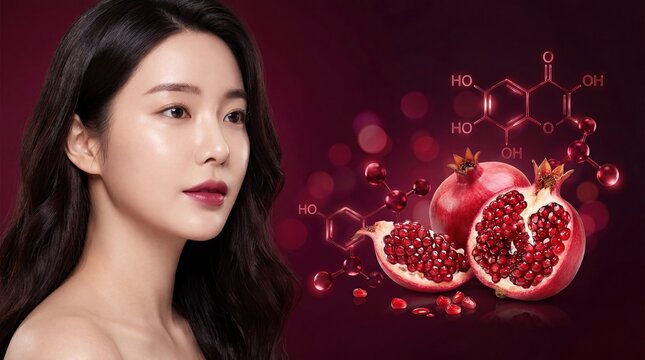 Asian Beauty Model with Luminous Skin Beside Pomegranate Fruit and Detailed Ellagic Acid Chemical Structure on Burgundy Background