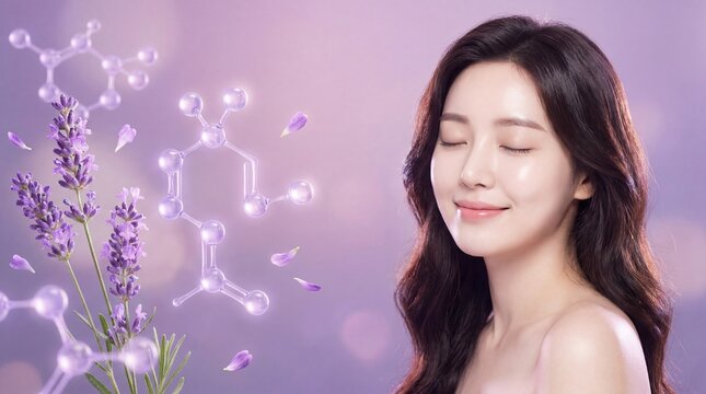 Serene Asian Woman with Glowing Skin Surrounded by Lavender Sprigs and Linalool Molecular Structure on Soft Purple Background