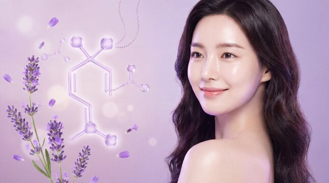 Confident Asian Woman with Radiant Skin Beside Lavender Flowers and Linalool Molecular Structure on Pastel Purple Background