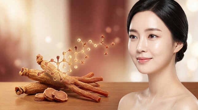 Firm-Skinned Korean Beauty Woman with Dried Red Ginseng Roots on Wooden Surface and Glowing Reddish-Brown Ginsenoside Molecular Structures on Warm Amber Background