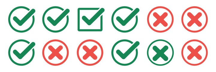 Check Tick Mark icon set, hand drawn checkbox symbols, cross marks, checklist indicators, right and wrong validation signs, red green and black vector illustration. © Ayat 03