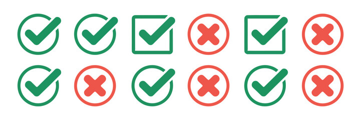 Check Tick Mark icon set, hand drawn checkbox symbols, cross marks, checklist indicators, right and wrong validation signs, red green and black vector illustration. © Ayat 03