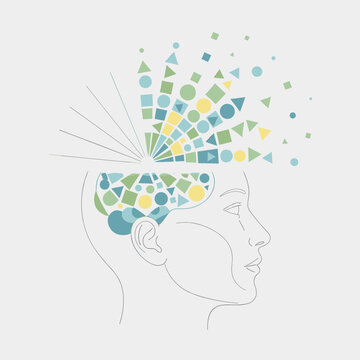 Abstract illustration of a human head profile with geometric shapes exploding from the top, symbolizing creativity and ideas.