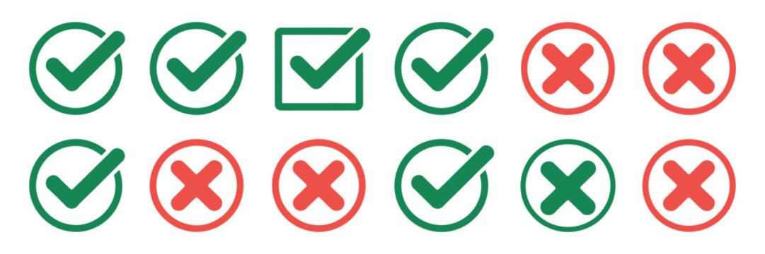 Check Tick Mark icon set, hand drawn checkbox symbols, cross marks, checklist indicators, right and wrong validation signs, red green and black vector illustration.