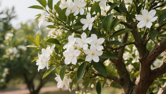 Fragrant White Orange Jasmine Flowers Blooming on a Murraya Paniculata Tree Branch