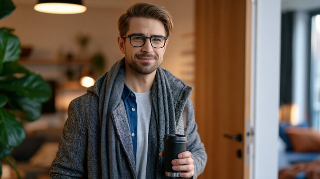 Slim young professional leaving empty apartment at 7am with only black coffee thermos, noting fasting start time on wall calendar, minimalist morning routine, intermittent fasting lifestyle integrat