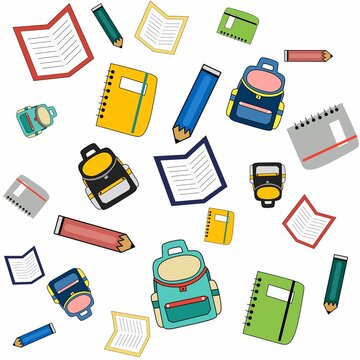 Seamless back to school pattern with colorful notebooks, pencils, books, and backpacks in cute flat