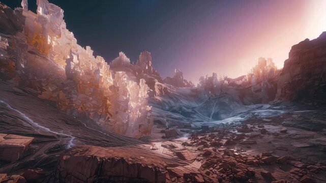 Alien desert landscape crystalline formations rock spires canyon sunset with distant ringed planet