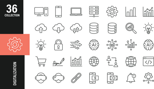 A set of 36 black and white line art icons representing business and technology concepts