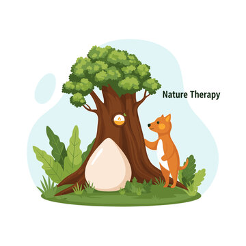 Cartoon illustration of a dingo next to a giant egg and a tree with a bird, representing nature therapy and outdoor well-being.