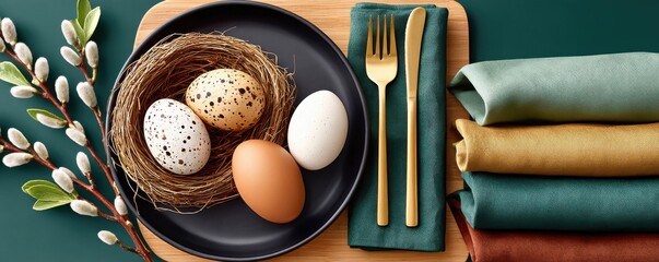 Obraz premium Easter table setting with decorative eggs in a nest, gold cutlery and spring napkins