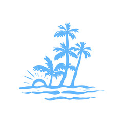 Obraz premium Hand drawn tropical island with palm trees and sunset silhouette icon logo flat vector design