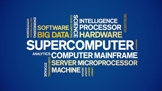 Supercomputer animated word cloud-text design animation tag kinetic typography seamless loop.