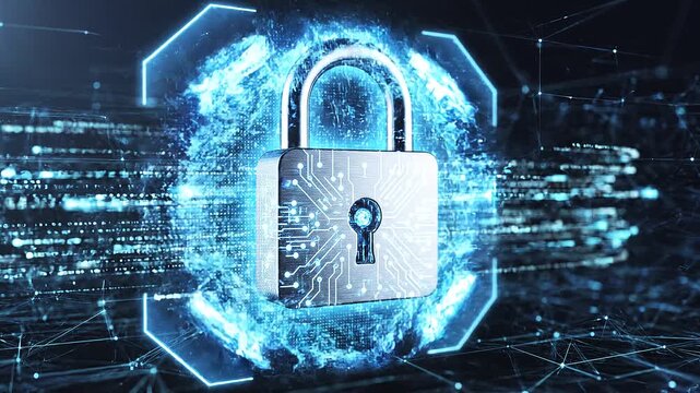 Metallic padlock glowing with blue digital circuits, radiant network patterns surrounding, abstract visualization of encryption, cybersecurity, and data protection in futuristic technological environm