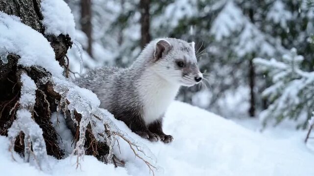 A curious weasel in snow surveys its snowy winter surroundings, nestled near a snow-covered tree in a forest scene