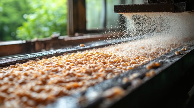 Grains or seeds being processed on a high-speed conveyor belt in a modern agricultural food factory.