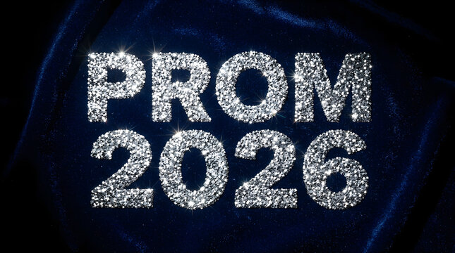 Prom 2026 typography with glitter particles on dark navy background futuristic celebration design