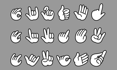 Fototapeta premium Set of hand gesture doodles displaying human finger signs compilation icon grid for alternative youth culture streetwear clothing brand apparel merchandise layout clip art.