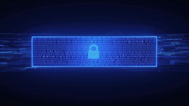 Blue digital data padlock and locked encryption panel streaming binary for secure network