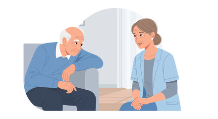 Obraz premium Elderly man and caregiver in conversation, home care illustration
