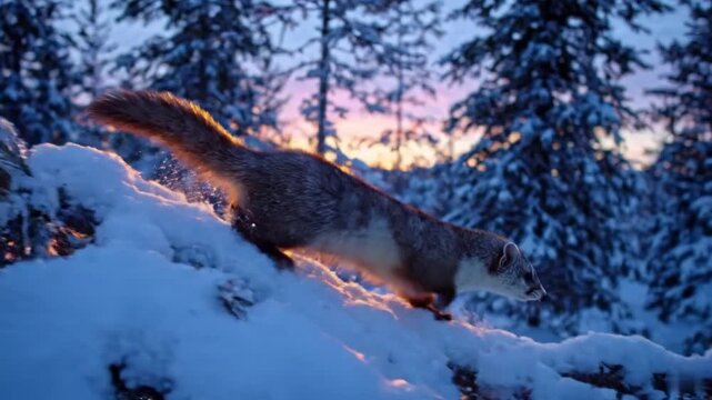 A beautiful weasel in snow, gracefully traversing a snow-covered branch with a stunning sunset backdrop in a winter