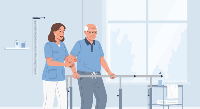 Elderly man with physical therapist in rehabilitation room with parallel bars
