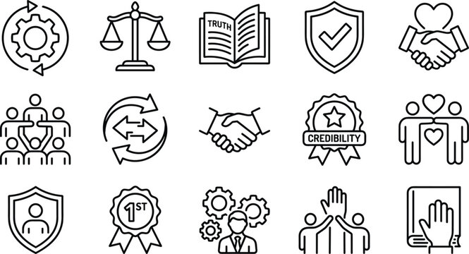 Business trust and integrity icons set with line art style elements for corporate ethics and legal values.