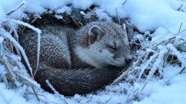 A peaceful weasel in snow curled up and resting comfortably in a snowy nest, serene winter wildlife scene