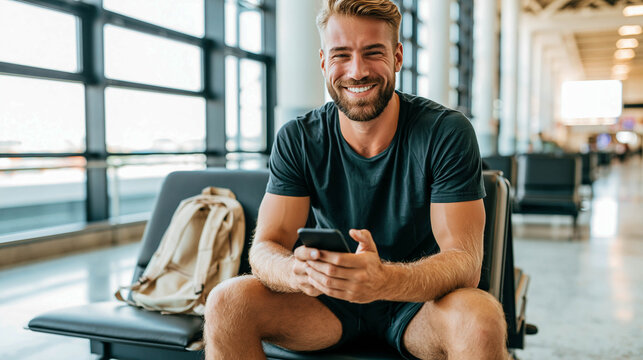 A smiling man with a backpack is sitting in an airport lounge using a smartphone, representing the concept of travel, mobile technology, and the modern lifestyle.